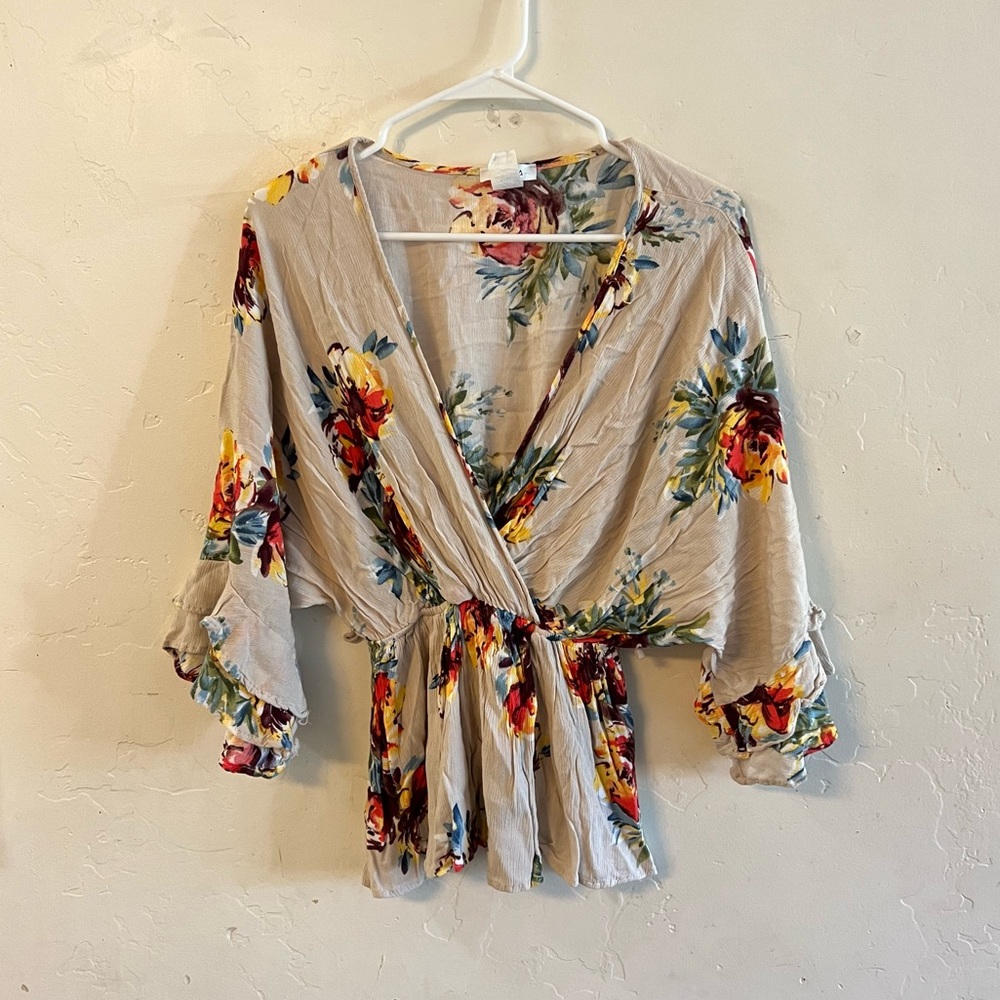 Persaya Cream Floral Batwing Sleeve V Neck Blouse Large